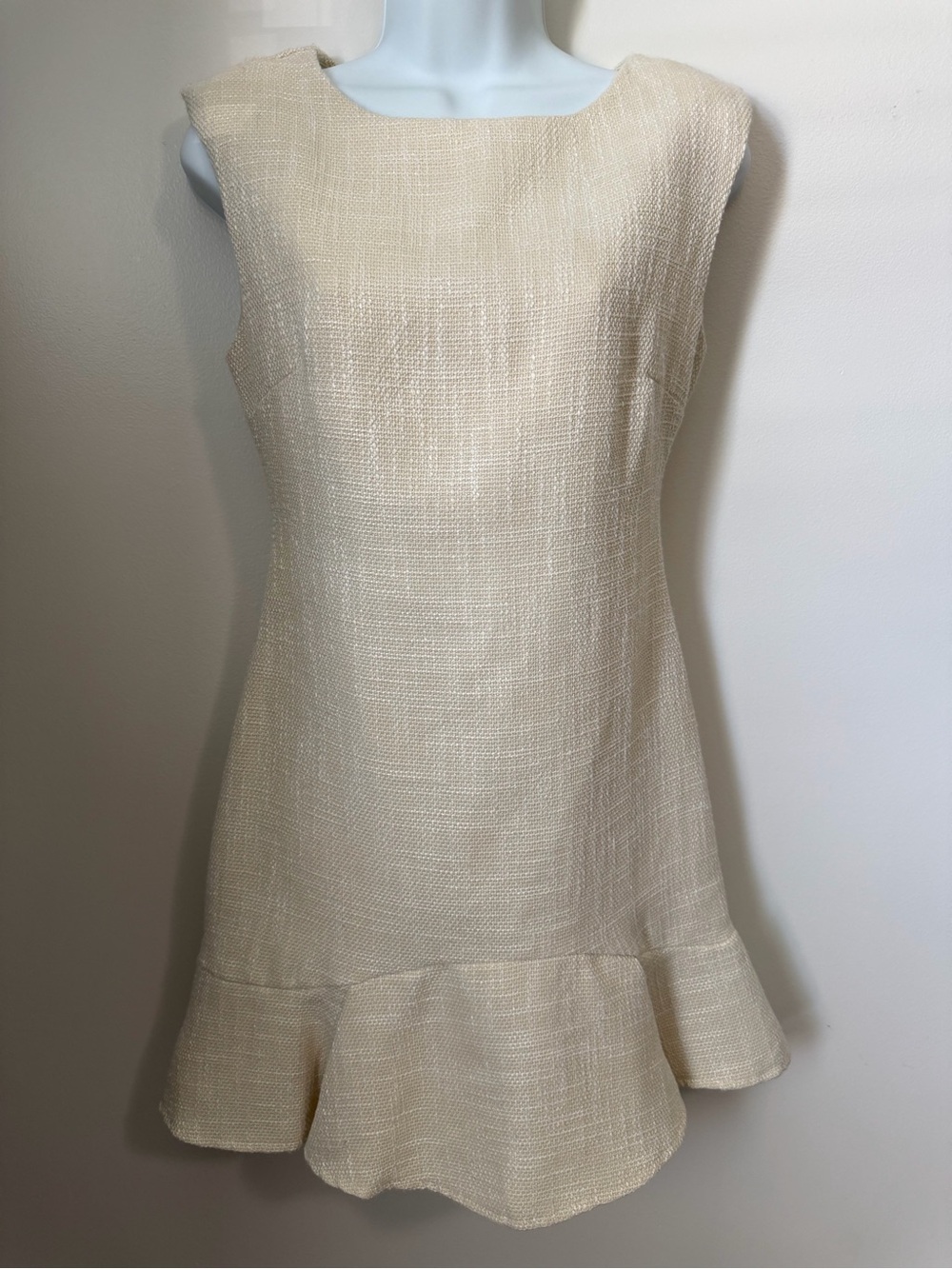 She + Sky Cream Textured Sleeveless Ruffle-Hem Dress